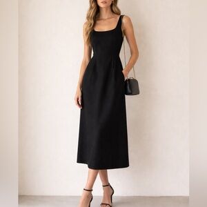 D i o r Inspired Wool Silk Blend Structured Midi Dress Size XS Black Sleeveless